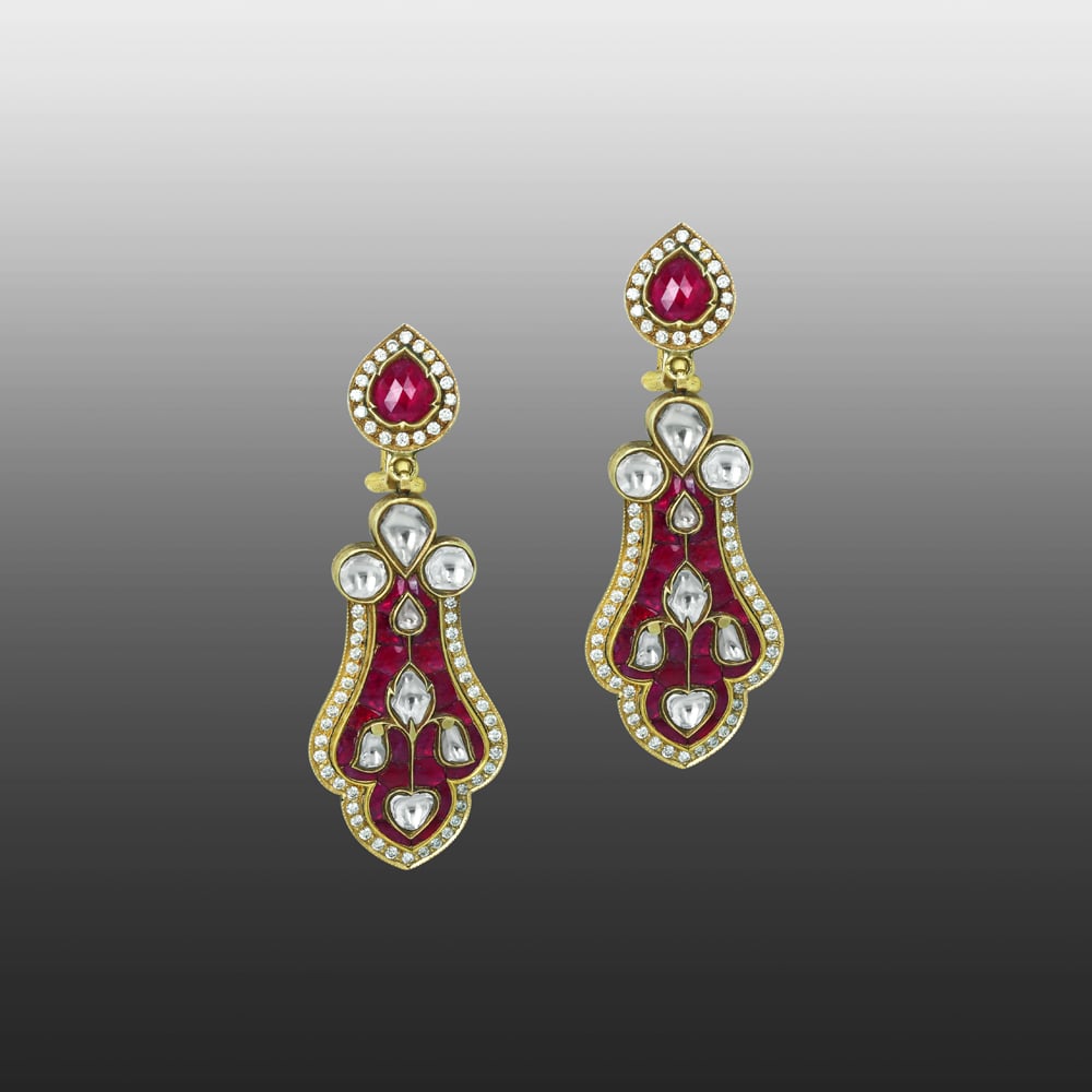 Pear-Shaped Earrings with Polki Diamonds and Red Enamel